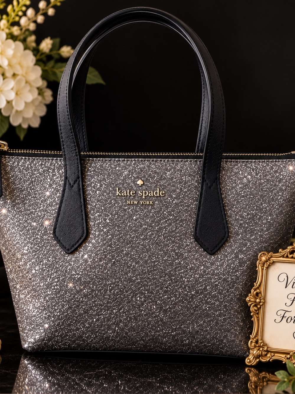 kate spade Silver Glitter Tote with Black Handles